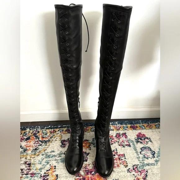 Stuart Weitzman Exes Black Leather Lace Up OTK Boots Size 9.5 - Picture 2 of 10